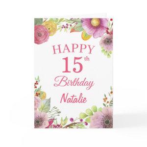 15th Birthday Watercolor Floral Flowers Pink Card