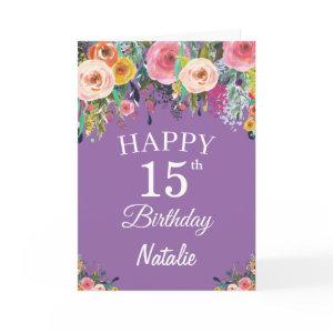 15th Birthday Watercolor Floral Flowers Purple Card