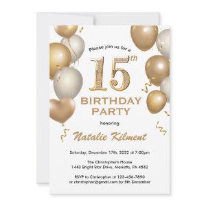 15th Birthday White and Gold Glitter Balloons