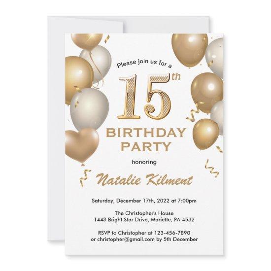 15th Birthday White and Gold Glitter Balloons