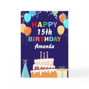 15th Happy Birthday Balloons Cake Navy Blue Card
