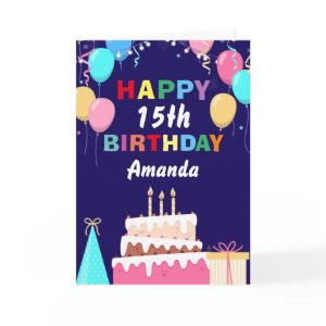 15th Happy Birthday Balloons Cake Navy Blue Card