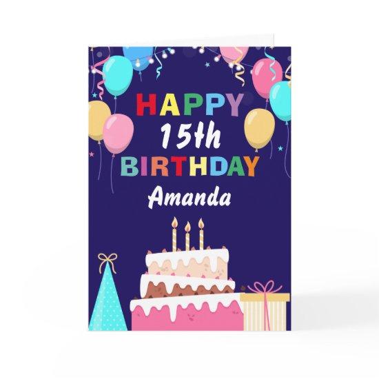 15th Happy Birthday Balloons Cake Navy Blue Card