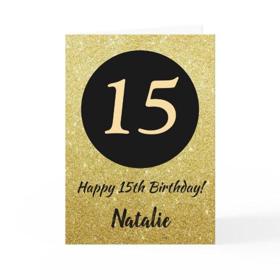 15th Happy Birthday Black and Gold Glitter Card