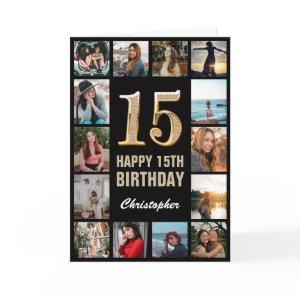 15th Happy Birthday Black and Gold Photo Collage Card