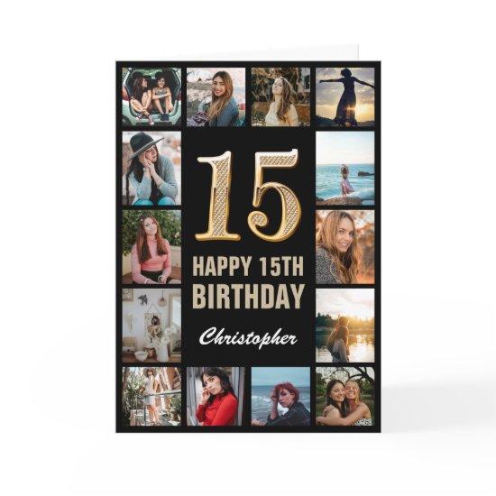 15th Happy Birthday Black and Gold Photo Collage Card