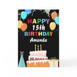 15th Happy Birthday Colorful Balloons Cake Black Card