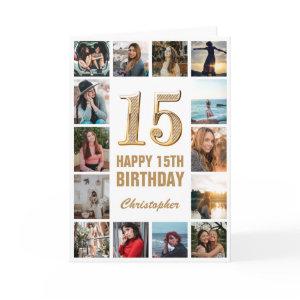 15th Happy Birthday Gold and White Photo Collage Card