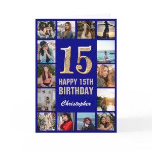 15th Happy Birthday Navy Blue & Gold Photo Collage Card