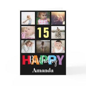 15th Happy Birthday Photo Collage Modern Black Card