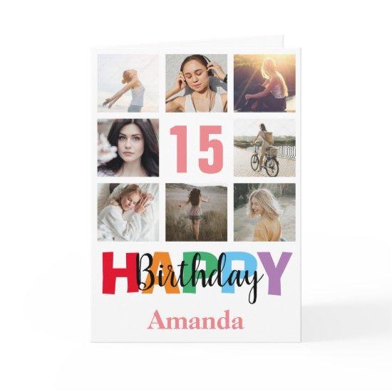 15th Happy Birthday Photo Collage Modern Pink Card