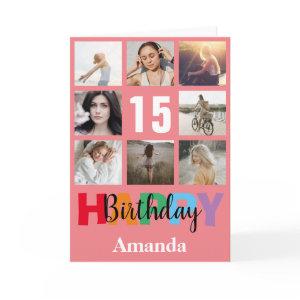 15th Happy Birthday Photo Collage Modern Pink Card