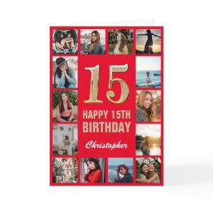 15th Happy Birthday Red and Gold Photo Collage Card
