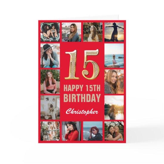 15th Happy Birthday Red and Gold Photo Collage Card