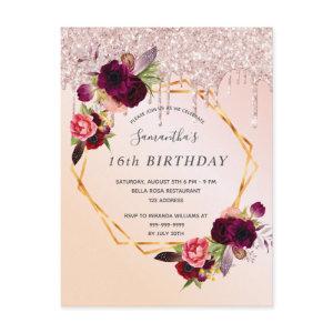 16th Birthday florals rose gold glitter  Postcard