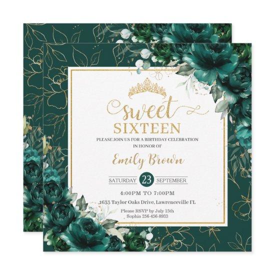 16th Birthday Sweet 16 Emerald Green Floral Gold