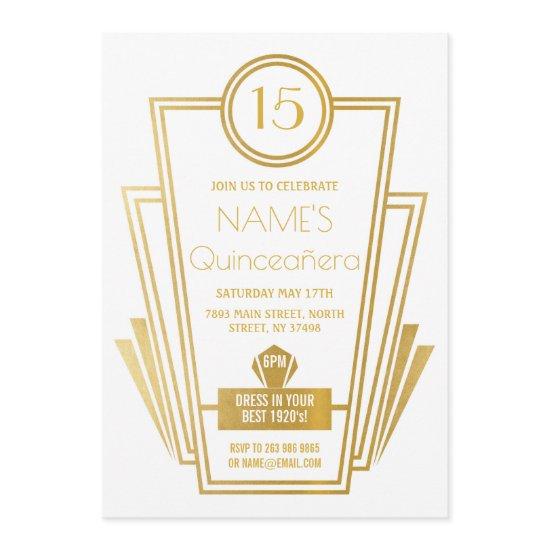 1920s Quinceanera Art Deco Gatsby Gold Invite 15th