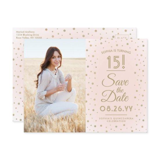 1 Photo Quinceanera Save the Date Pink and Gold  Postcard