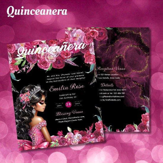 25 Magenta Pink Quinceanera Dress Floral Paper