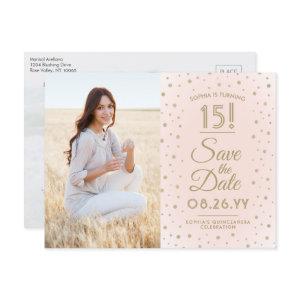 2 Photo Quinceanera Blush Pink Gold Save the Date  Postcard