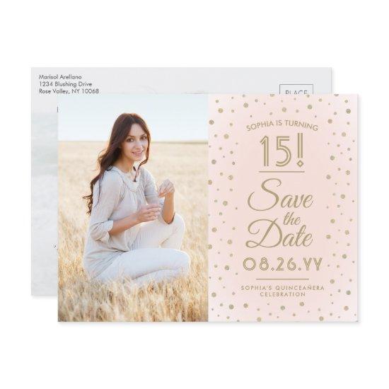 2 Photo Quinceanera Blush Pink Gold Save the Date  Postcard