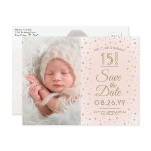2 Photo Quinceanera Blush Pink Gold Save the Date  Postcard