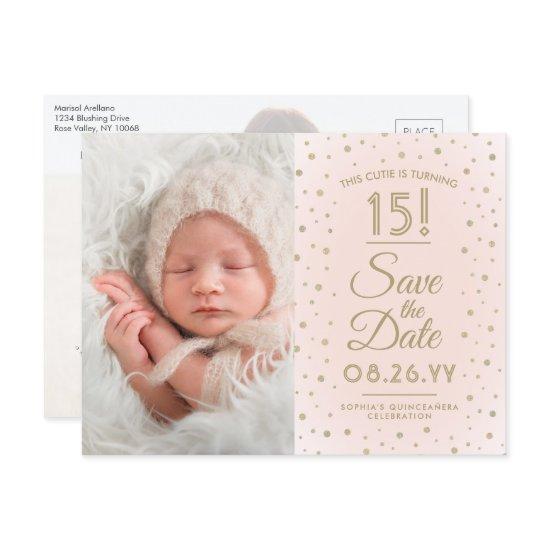 2 Photo Quinceanera Blush Pink Gold Save the Date  Postcard
