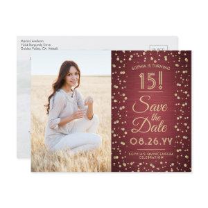 2 Photo Quinceanera Burgundy Gold Save the Date  Postcard
