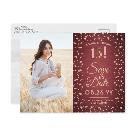 2 Photo Quinceanera Burgundy Gold Save the Date  Postcard
