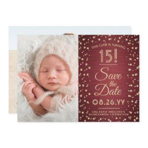 2 Photo Quinceanera Elegant Burgundy Gold Glitter Save The Date