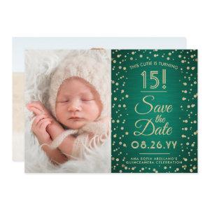 2 Photo Quinceanera Elegant Green and Gold Glitter Save The Date