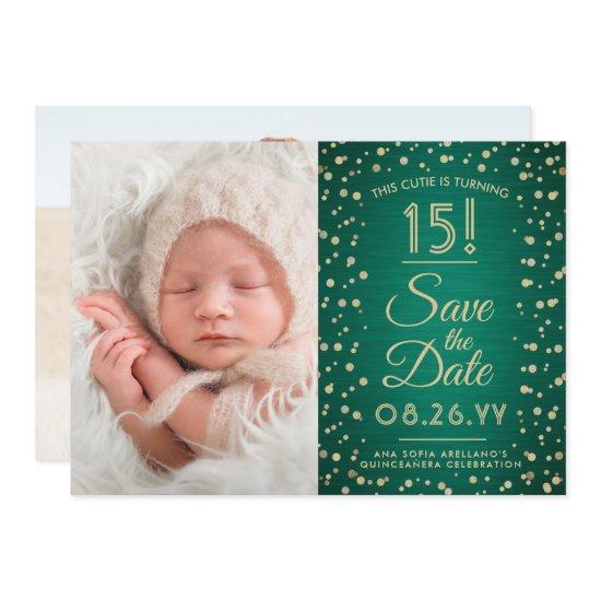 2 Photo Quinceanera Elegant Green and Gold Glitter Save The Date