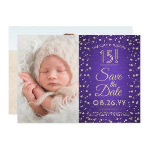 2 Photo Quinceanera Elegant Purple Gold Glitter Save The Date