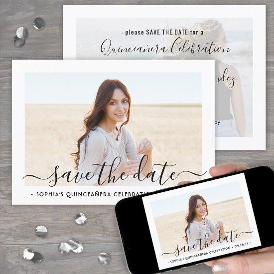 2 Photo Quinceanera Elegant Script 15th Birthday Save The Date