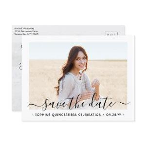 2 Photo Quinceanera Elegant Script Save the Date Announcement Postcard
