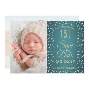 2 Photo Quinceanera Elegant Teal Blue Gold Glitter Save The Date