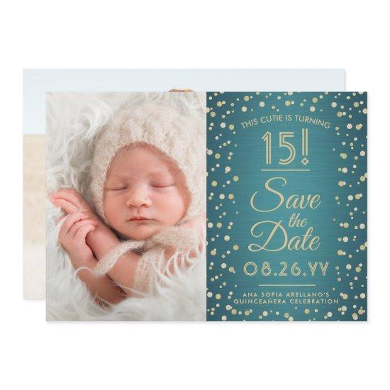 2 Photo Quinceanera Elegant Teal Blue Gold Glitter Save The Date