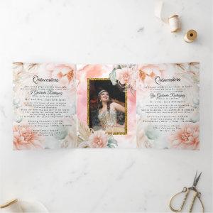 2 Photo Quinceanera English Español Coral Rose Tri-Fold