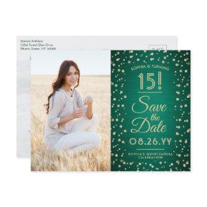 2 Photo Quinceanera Green and Gold Save the Date  Postcard