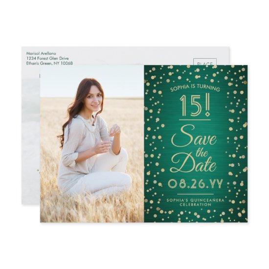 2 Photo Quinceanera Green and Gold Save the Date  Postcard