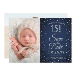 2 Photo Quinceanera Navy Blue Confetti Sparkle Save The Date