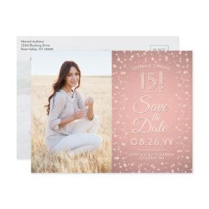 2 Photo Quinceanera Pink Rose Gold Save the Date  Postcard