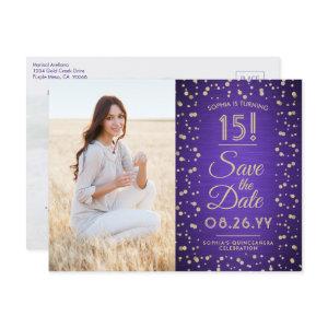 2 Photo Quinceanera Purple and Gold Save the Date  Postcard