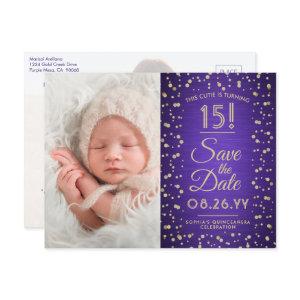 2 Photo Quinceanera Purple and Gold Save the Date  Postcard