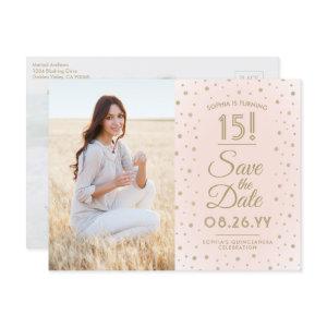 2 Photo Quinceanera Save the Date Pink and Gold  Postcard
