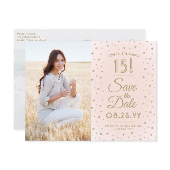 2 Photo Quinceanera Save the Date Pink and Gold  Postcard