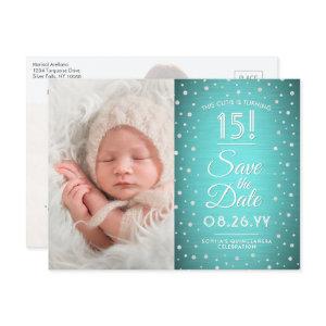 2 Photo Quinceanera Teal Blue Silver Save the Date  Postcard