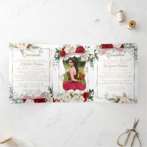 2 Photo Red Peony Mis Quince Años Tri-Fold Invitat
