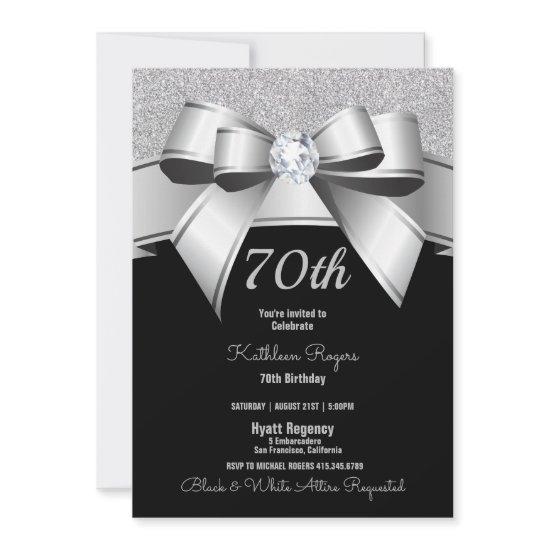 70th Birthday Party Black & Silver Glitter Invite