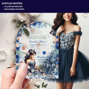 ACRYLIC Quinceanera Blue Floral Dress Quince Acrylic
